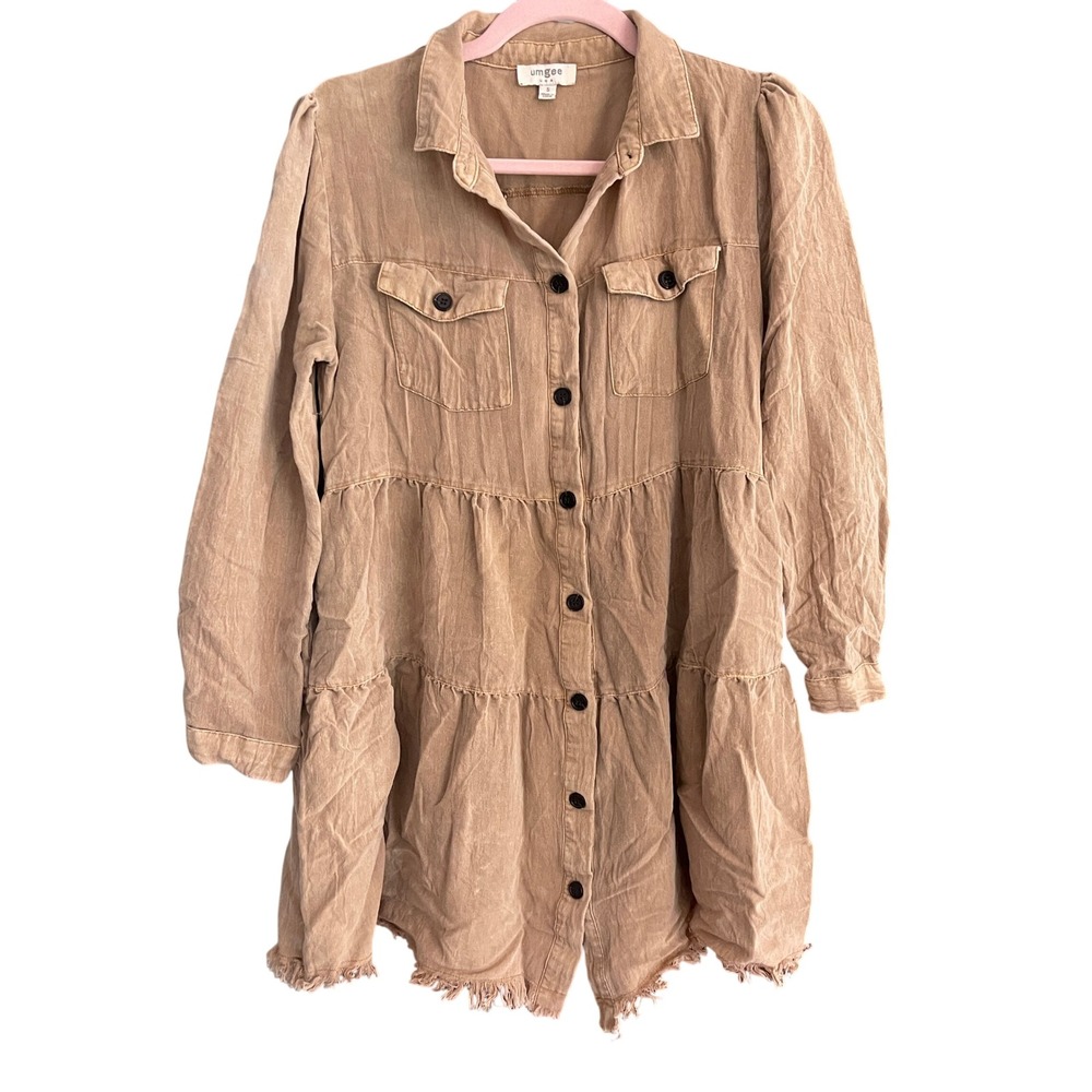 Umgee Tan Mineral Wash Western Boho Tiered Button Down Dress Raw Hem Small - Picture 1 of 9